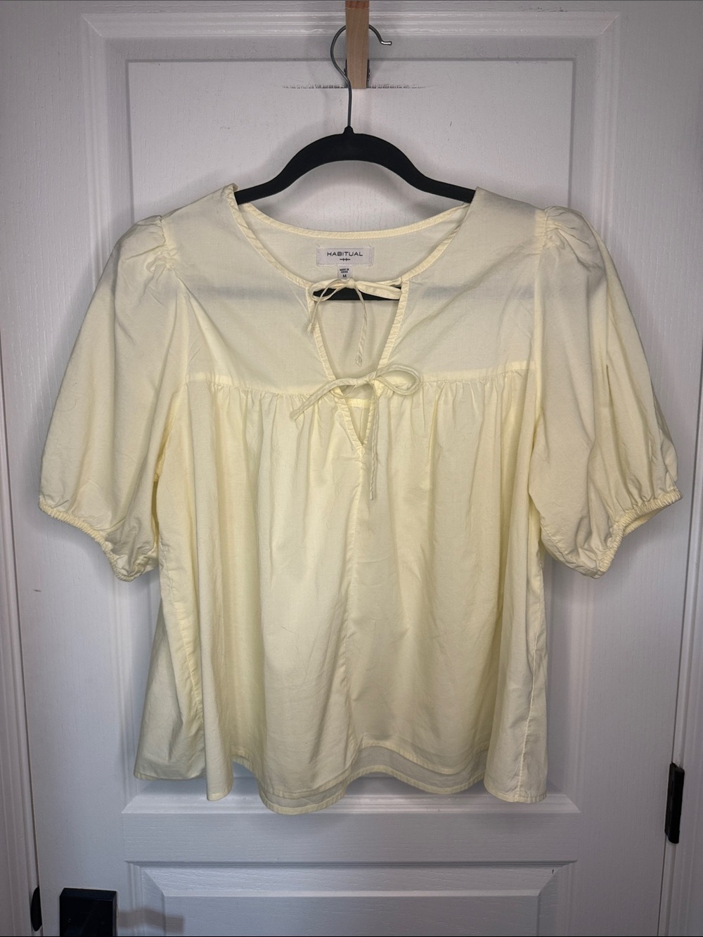 Habitual Pale Yellow Tie-Neck Puff Sleeve Blouse